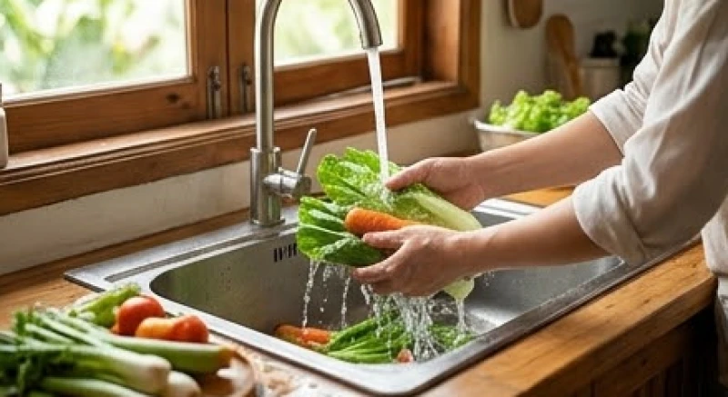 Các loại rau củ quả tươi sạch được rửa kỹ càng dưới vòi nước để đảm bảo an toàn vệ sinh thực phẩm