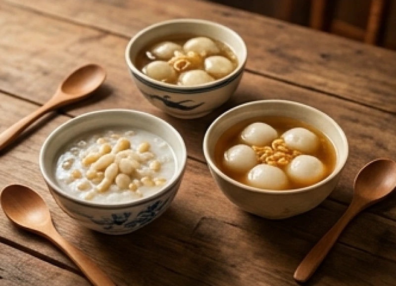 Chén chè đậu trắng dâng cúng cho bé trai và chè trôi nước dâng cúng cho bé gái