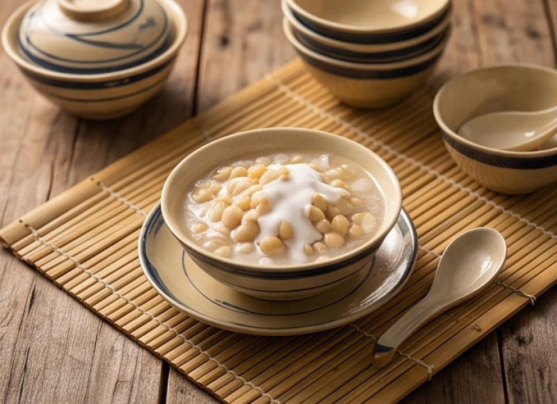 Chén chè đậu trắng truyền thống trên mâm cúng tượng trưng cho sự đỗ đạt và tương lai sáng lạn của bé trai
