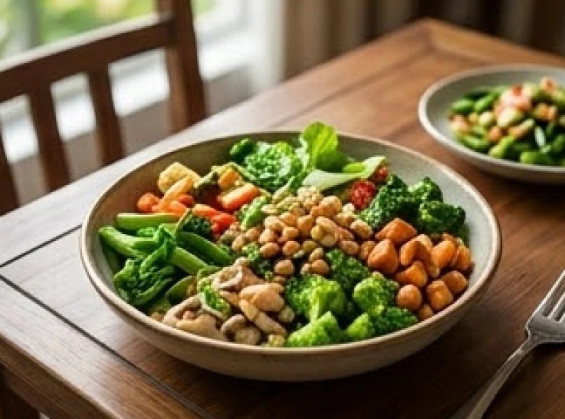 Bữa ăn dinh dưỡng thanh đạm với nhiều rau củ quả tươi xanh đặt trên bàn ăn bằng gỗ