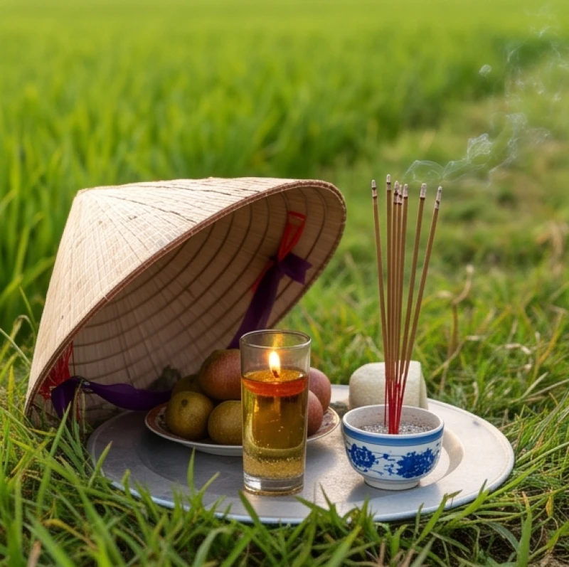 Văn khấn cúng ruộng đồng: bài khấn chuẩn & sắm lễ ngoài trời 11 Lư hương và nến cốc trên mâm lễ được che chắn khéo léo bằng một chiếc nón lá để tránh gió mạnh tạt tắt lửa