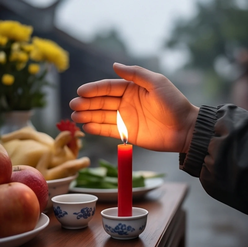 Văn khấn ngoài trời ngày rằm: Bài cúng chuẩn, vị trí và hướng lạy 10 Hai bàn tay khum lại tạo thành hình vòng cung để che gió cho ngọn lửa mồi nến trên mâm cúng đang được thắp sáng