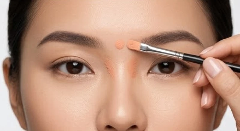 Thao tác dùng cọ trang điểm chấm kem triệt sắc màu cam lên bề mặt nốt ruồi đen sẫm màu