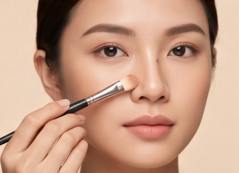 Nốt ruồi ở cánh mũi nữ: Ý nghĩa tướng số & góc nhìn y khoa 6 Thao tác sử dụng kem che khuyết điểm và cọ trang điểm nhỏ để làm mờ nốt ruồi ở cánh mũi nữ