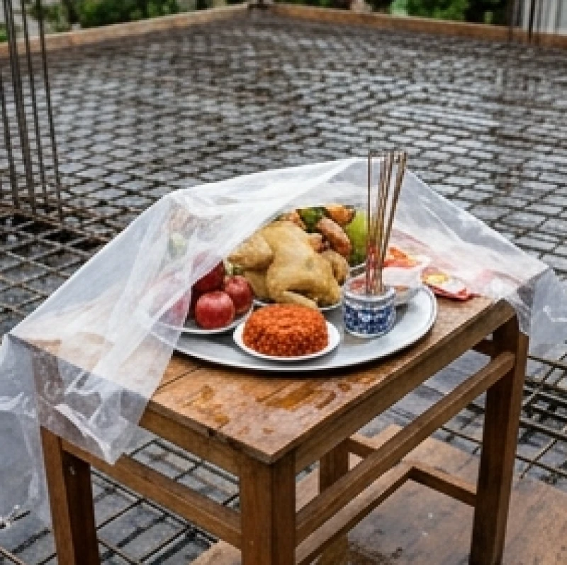 Mâm cúng đồ mặn được che đậy cẩn thận bằng một lớp nilon mỏng để bảo vệ lễ vật khỏi hạt mưa nhỏ trong thời gian chờ đợi