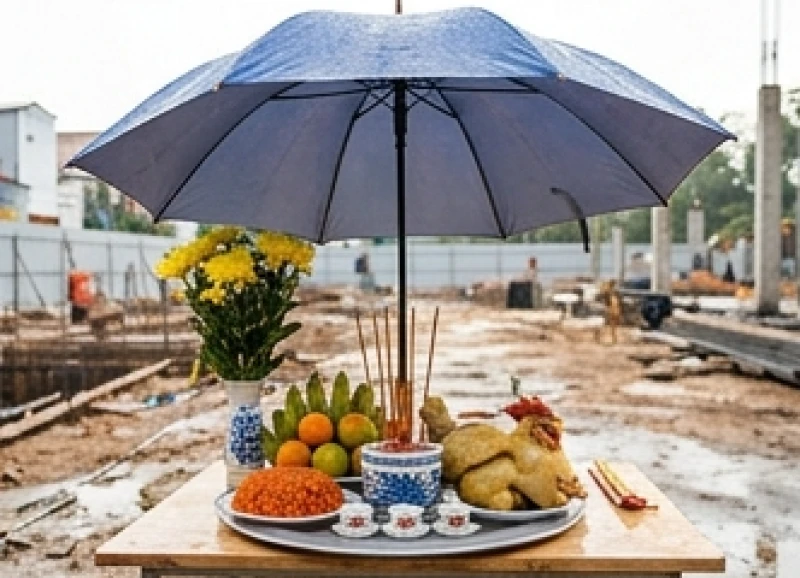 Chiếc ô lớn được căng ra để che chắn cẩn thận cho mâm cúng và bát hương khi công trường bất chợt có mưa dông