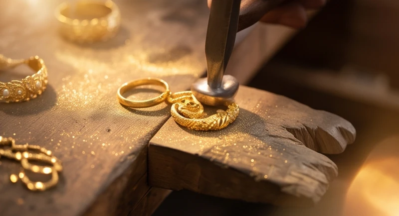 Nghệ nhân cẩn thận đánh bóng và chế tác một món đồ trang sức bằng vàng tinh xảo