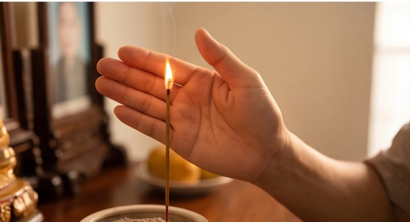 Gia chủ dùng hai bàn tay che chắn nén nhang cẩn thận khi di chuyển giữa các ban thờ trong nhà