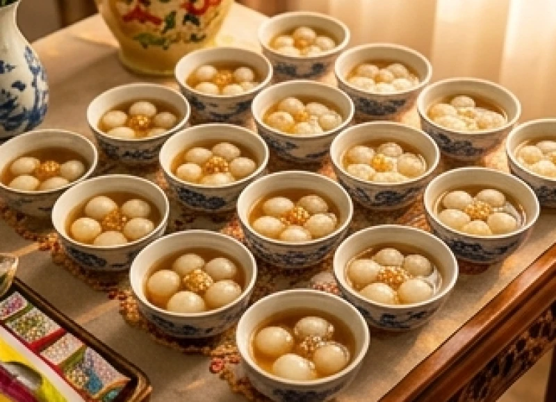 Những bát chè trôi nước ngọt ngào được bày biện đẹp mắt trên mâm cúng đầy tháng dành riêng cho bé gái