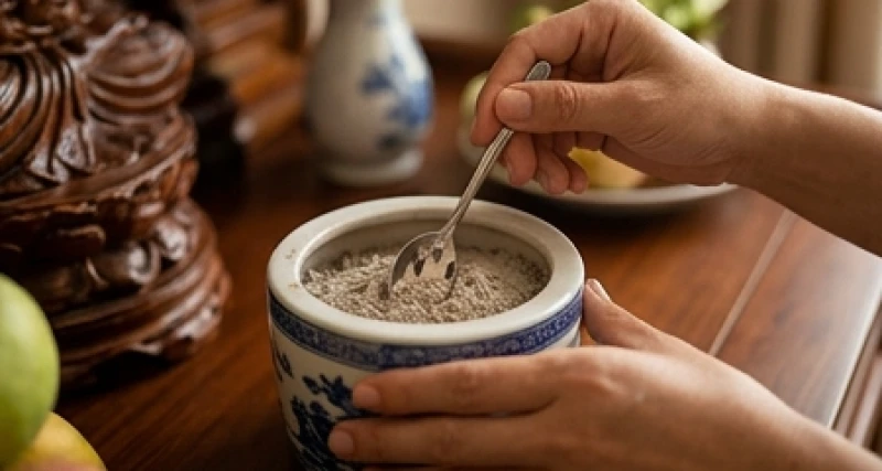 Dùng thìa nhỏ tán nhẹ và chèn chặt tro nếp quanh mép trong bát hương để cố định vững chãi trên bàn thờ sau khi bao sái