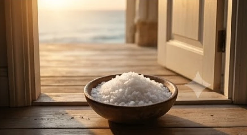 Bát muối hột đặt ngay ngắn trước thềm cửa nhằm mục đích thanh tẩy năng lượng