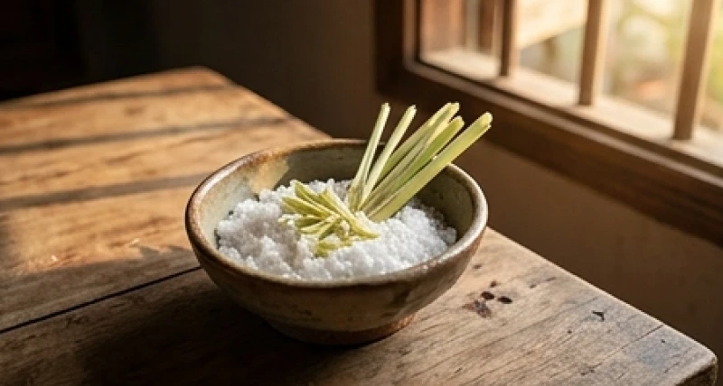 Bát sứ nhỏ chứa muối hột thô và những nhánh sả tươi đập dập dùng để thanh lọc không khí trong nhà