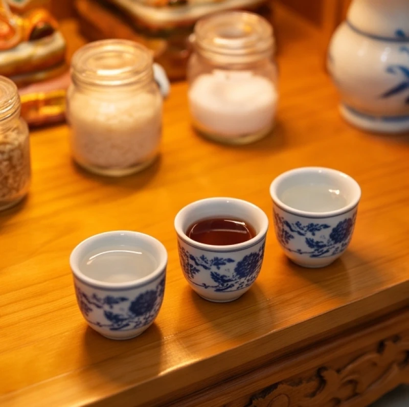 Ba chén sứ đựng nước và rượu được xếp thành một hàng ngang ngay ngắn ở mép ngoài cùng của ban thờ