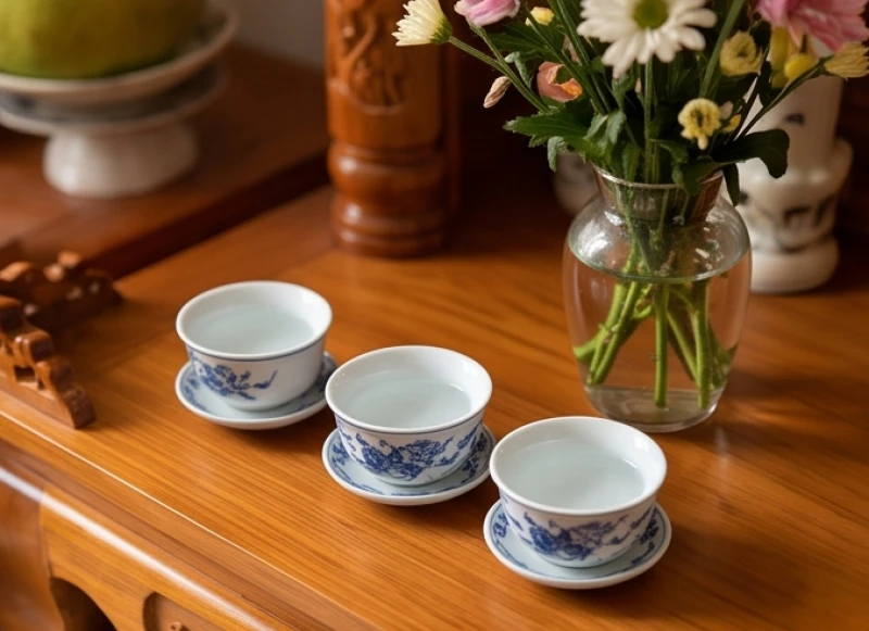 Ba chén nước sạch và bình hoa tươi được thay mới trên ban thờ Thần Tài tượng trưng cho sự thanh khiết