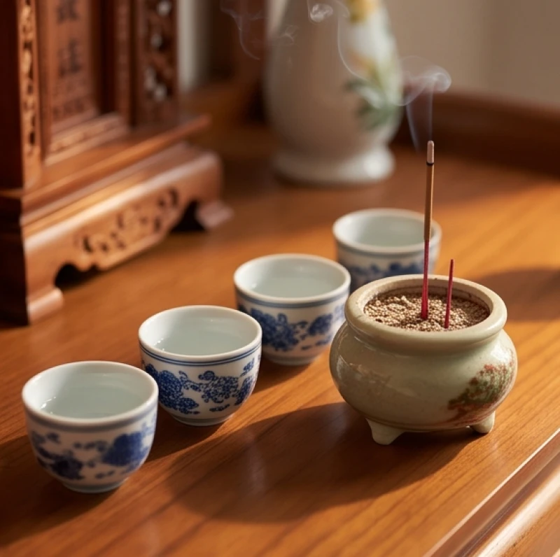 Ba chén nước lọc thanh thủy và ba nén hương cháy trên ban thờ gia tiên