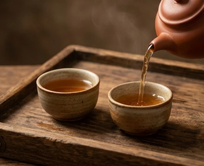 Hai chén trà gốm sứ mộc mạc đặt đối xứng trên khay gỗ đại diện cho sự hòa hợp trong các mối quan hệ