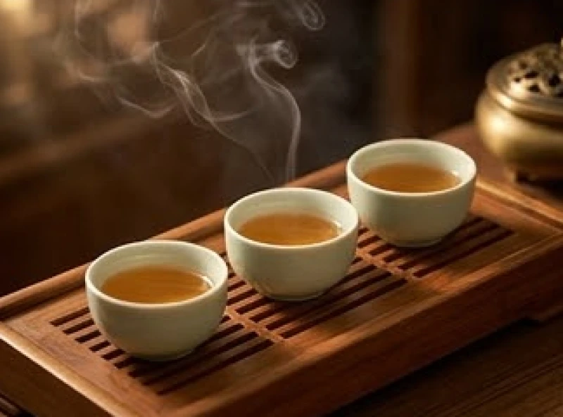 Ba chén trà nhỏ được rót ngay ngắn trên mâm lễ tượng trưng cho lòng thành kính dâng lên bề trên