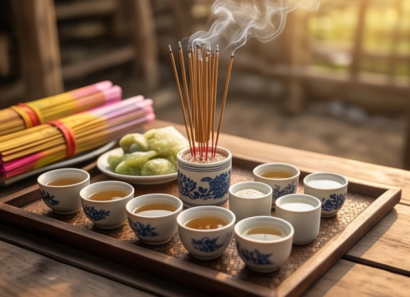Các chén trà và rượu được xếp cẩn thận thành hàng ngang trên mâm cúng chuồng trại để dâng lên các vị Thần