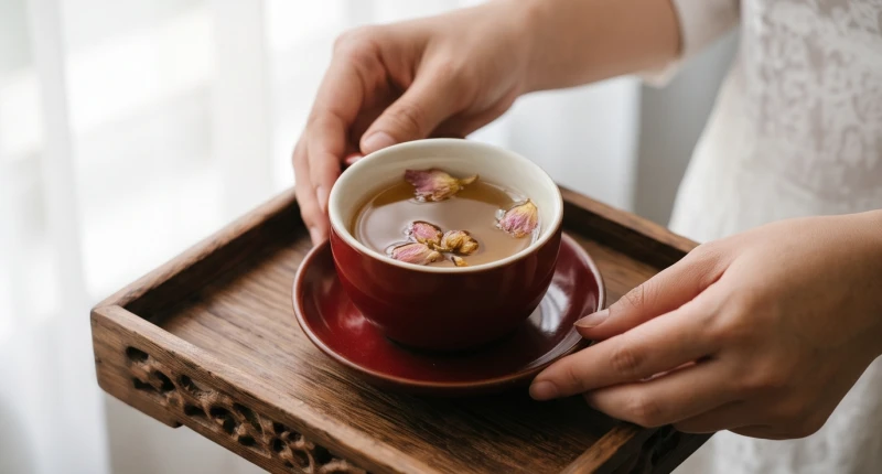 Chén trà hỷ được dâng lên trong khoảnh khắc giao thời nhằm trung hòa năng lượng xung khắc giữa tuổi Tý và tuổi Ngọ