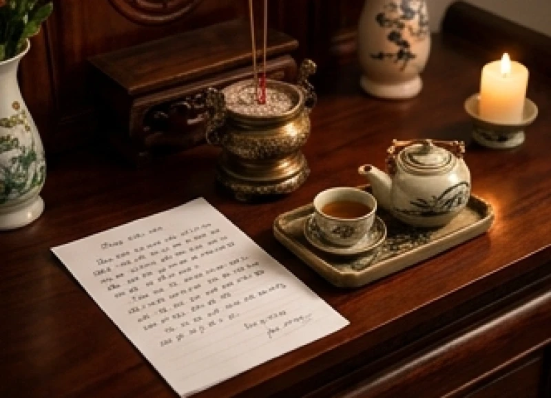 Tờ giấy chép tay bài văn khấn ba phần rõ ràng được đặt cạnh khay trà trên ban thờ để gia chủ dễ đọc