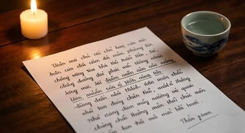 Văn khấn phát tang: Bài cúng Lễ Thành Phục & trình tự hành lễ 7 Bản chép tay bài văn khấn phát tang với các đại từ nhân xưng được gạch chân cẩn thận đặt cạnh kỷ nước trên bàn thờ