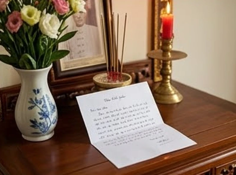 Tờ giấy ghi sẵn các thông tin cá nhân và bài khấn được đặt cẩn thận cạnh bình hoa trên bàn thờ