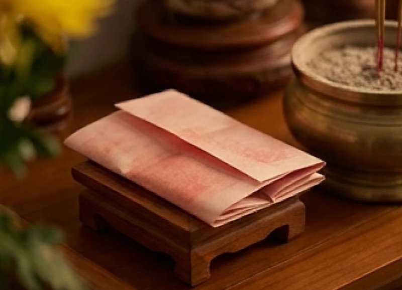 Tờ giấy ghi văn khấn được đặt cẩn thận trên giá đỡ nhỏ cạnh bát hương để tiện theo dõi lúc hành lễ