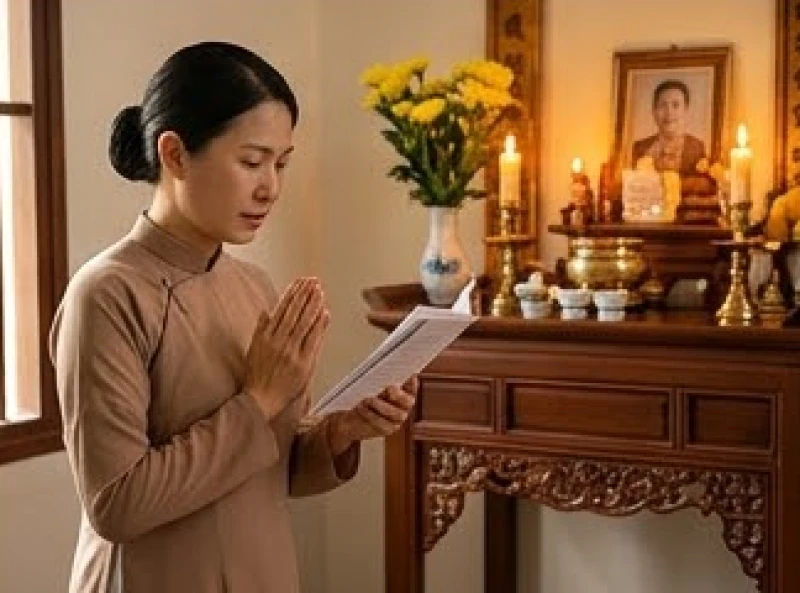 Người chị dâu mặc áo dài truyền thống thành tâm đứng đọc bài văn khấn cúng giỗ cho em trai của chồng