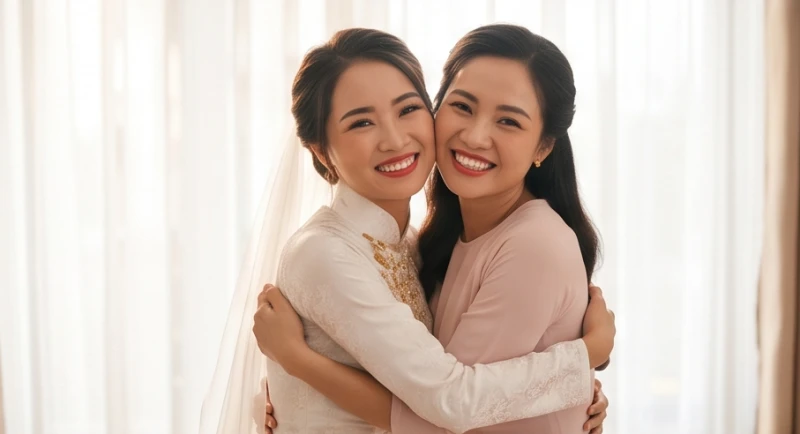 Hai chị em gái mỉm cười rạng rỡ trao nhau cái ôm ấm áp trong trang phục truyền thống ngày hỷ sự