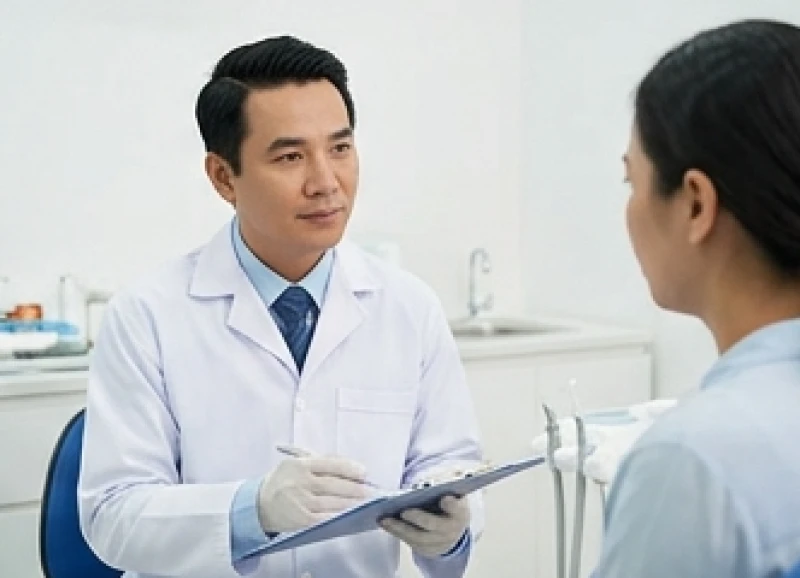 Bác sĩ nha khoa đang tận tình tư vấn chi phí điều trị răng quặp cho khách hàng tại phòng khám