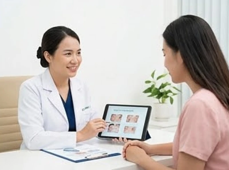 Chuyên gia da liễu tư vấn phác đồ điều trị và chi phí tẩy xóa sắc tố cho bệnh nhân tại phòng khám