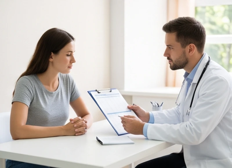 Bệnh nhân đang được bác sĩ tư vấn liệu trình điều trị và kiểm tra bảng giá dịch vụ tại phòng khám da liễu