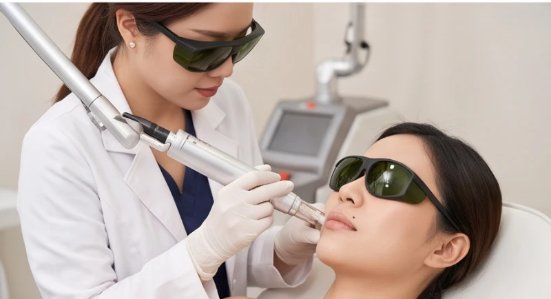 Bác sĩ da liễu đang thao tác máy laser CO2 để điều trị vùng da xung quanh miệng cho bệnh nhân