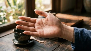 Cận cảnh lòng bàn tay trái nữ giới dưới ánh sáng tự nhiên làm nổi bật đặc điểm chỉ tay chữ m nữ tay trái