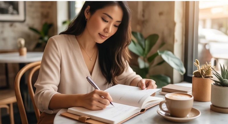 Người phụ nữ thanh lịch đang ghi chép kế hoạch tài chính với bàn tay phải hiện rõ nếp gấp