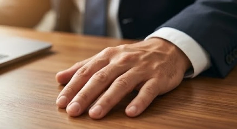 Bàn tay phải nam giới nắm hờ đặt trên bàn làm việc thể hiện sức mạnh thực tế của người có chỉ tay chữ M tay phải nam