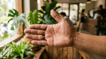Cận cảnh lòng bàn tay có đường chỉ tay chữ M tay phải nam rõ nét dưới ánh sáng tự nhiên