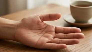 Bàn tay phải của phụ nữ xòe mở dưới ánh sáng tự nhiên với đường chỉ tay chữ M tay phải nữ hiện rõ nét