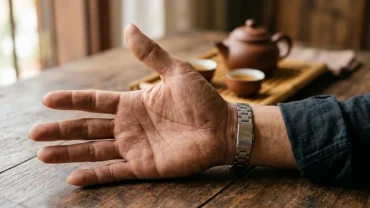 Cận cảnh chi tiết đường chỉ tay chữ m tay trái nam giới rõ nét dưới ánh sáng tự nhiên