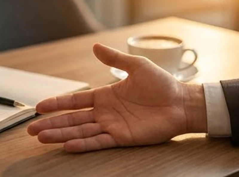 Bàn tay phải nam giới nắm hờ trên mặt bàn gỗ bên cạnh một tách cà phê và sổ ghi chép