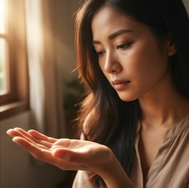 Nữ giới trầm tư nhìn vào lòng bàn tay dưới ánh sáng hắt qua cửa sổ phản chiếu sự suy tư