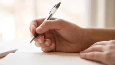 Bàn tay rõ nét các đường chỉ tay học hành giỏi của học sinh đang cầm bút ghi chép bài
