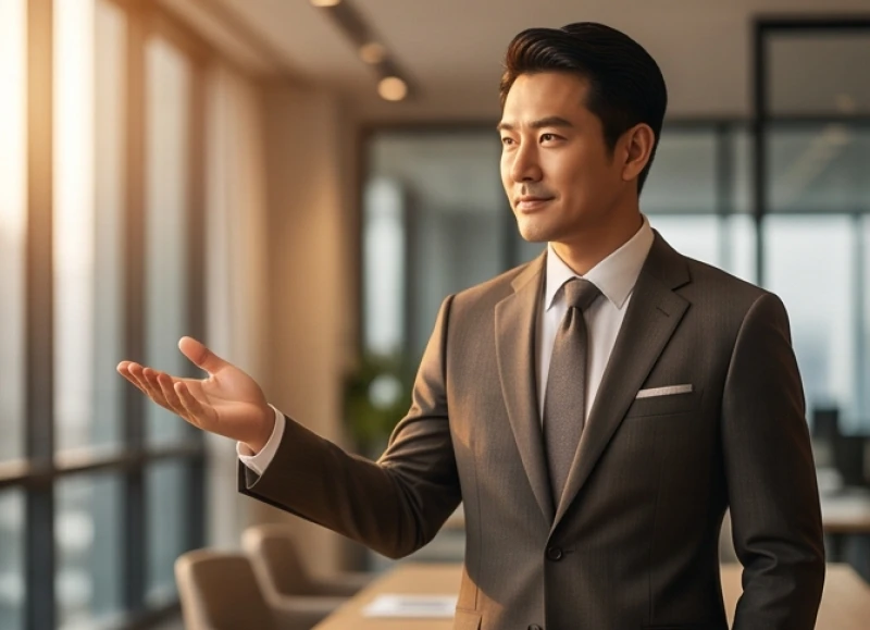 Người đàn ông thành đạt mặc vest lịch lãm đang đưa bàn tay ra phía trước thể hiện sự tự tin trong công việc