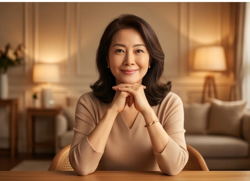 Người phụ nữ mang vẻ đẹp đằm thắm đang mỉm cười nhẹ nhàng với đôi bàn tay đặt duyên dáng trên chiếc bàn gỗ