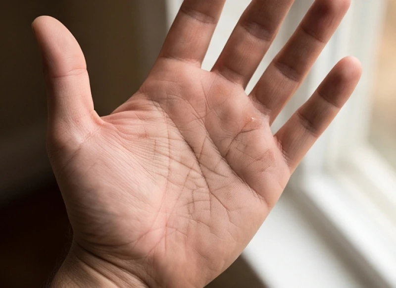 Bàn tay trái của nam giới với các đường chỉ mờ nhạt và nhiều nếp cắt chằng chịt