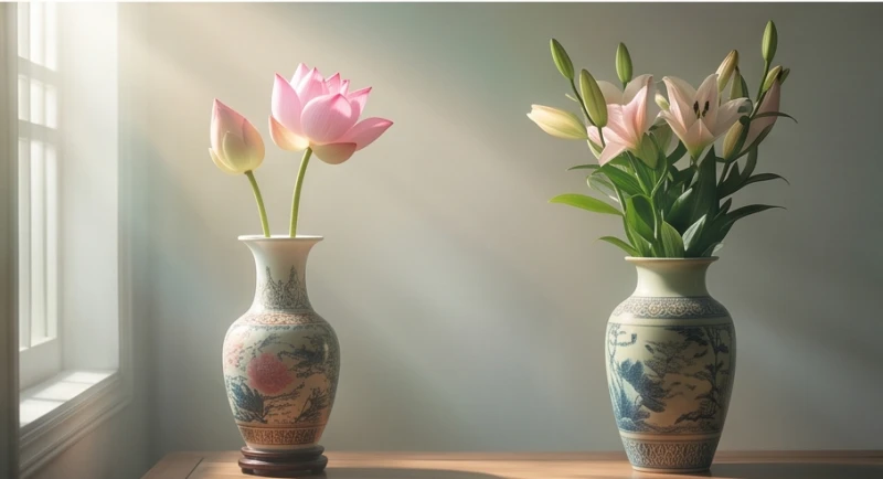 Một góc bình yên trong nhà với bình hoa sen tĩnh lặng dưới ánh nắng ban mai rực rỡ
