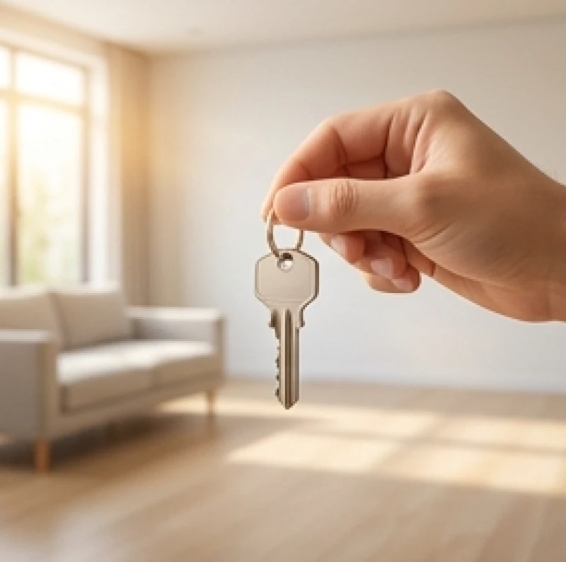 Văn khấn nhập trạch lấy ngày: Bài cúng chuẩn và quy trình tượng trưng 1 Gia chủ cầm chìa khóa đứng trước căn phòng khách trống trải khi làm lễ lấy ngày