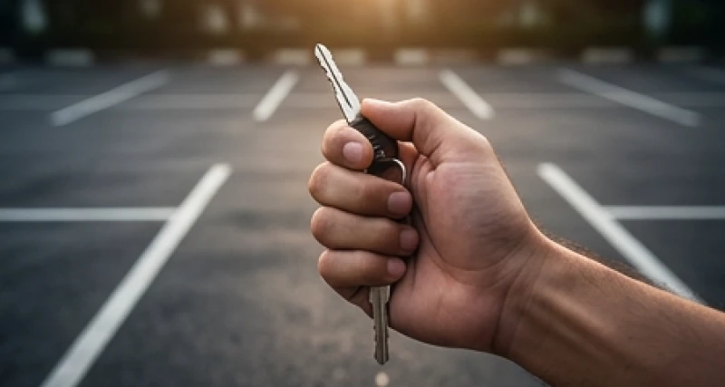 Bàn tay cầm chiếc chìa khóa xe máy lẻ loi giữa một bãi đỗ xe trống vắng và thiếu ánh sáng