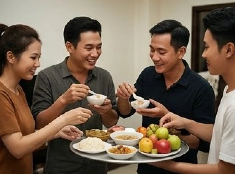 Các nghệ sĩ và nhân viên hậu đài cùng nhau chia phần xôi chè và trái cây sau khi hoàn tất nghi thức hạ lễ