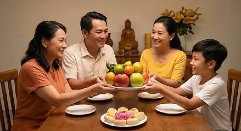 Gia đình quây quần cùng nhau thụ lộc Phật với bánh kẹo và trái cây tươi mọng